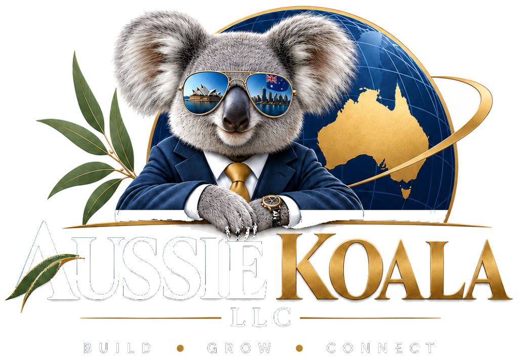 Aussie Koala LLC parent-company logo with koala, globe, LLC wordmark, and Build Grow Connect tagline