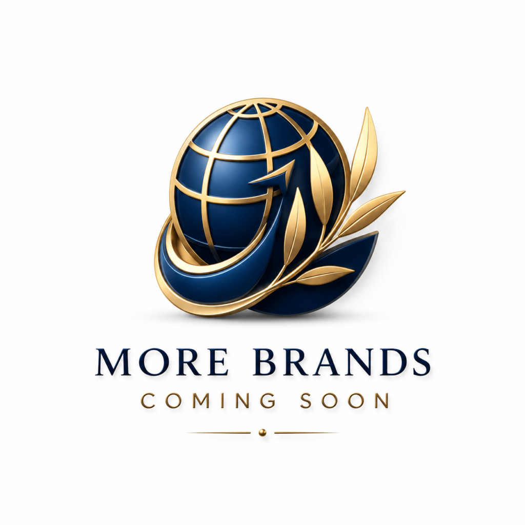 Navy and gold globe motif with the words More Brands Coming Soon